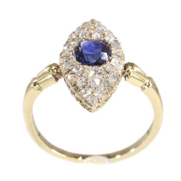 Antique Early Victorian Diamond and Natural Vivid Blue Sapphire Engagement Ring
