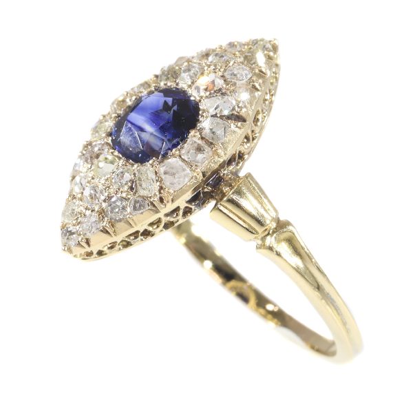 Antique Early Victorian Diamond and Natural Vivid Blue Sapphire Engagement Ring