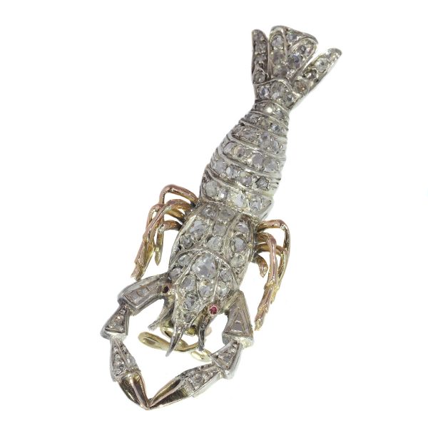 Antique Victorian Crayfish Brooch Fully Embellished with Rose Cut Diamonds