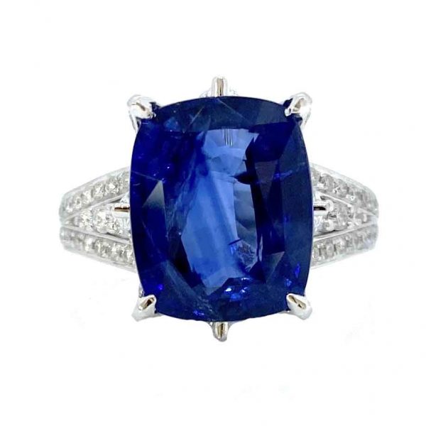 7.12ct Natural Ceylon Sapphire and Diamond Dress Ring in Platinum, by David Jerome; central 7.12 carat cushion-cut natural Sri Lanka sapphire accented with 1.30ct diamond set mount and split shoulders