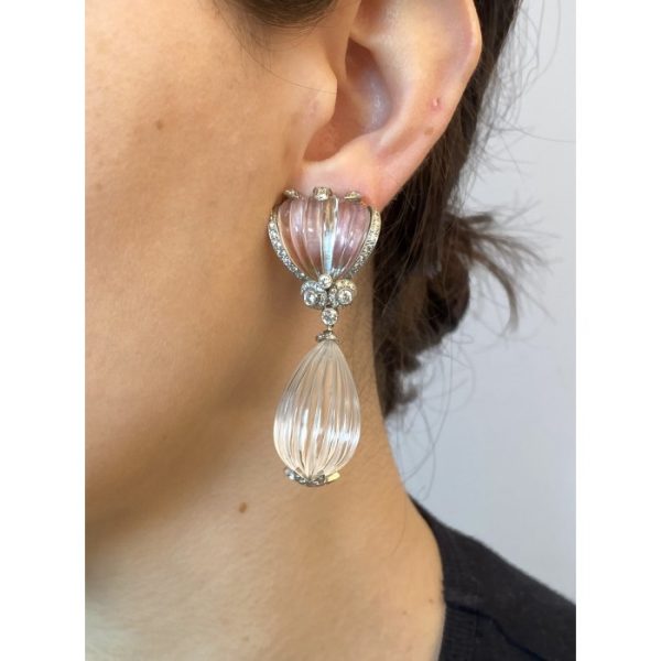 Vintage 1980s Fluted Rock Crystal and Diamond Drop Earrings, 4.50 carat total