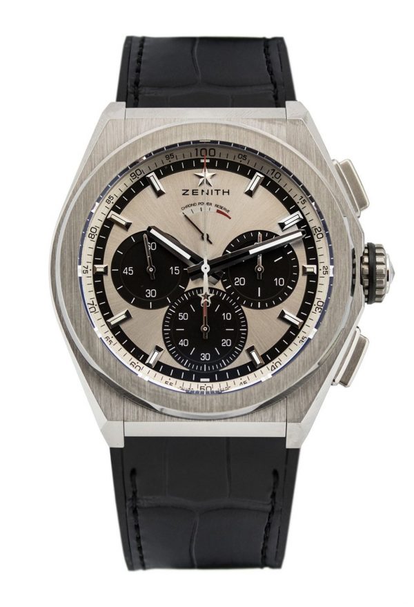 Zenith Defy El Primero Chronograph 21 Wristwatch, champagne face featuring three black dials, baton hour markers, on a black rubber strap with leather coating. Model 95.9001.9004/01.R582