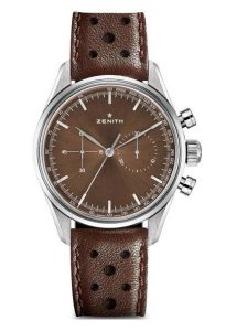 Zenith Heritage 146 El Primero Chronograph Automatic Watch, Model 03.2150.4069/75.C806, brown dial with steel baton hour markers and hands, seconds at 3 and 9 o'clock positions, on a brown calfskin strap