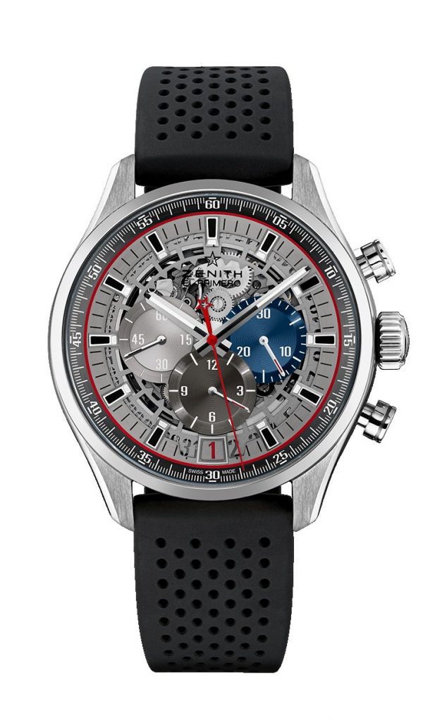 Zenith El Primero Chronomaster Automatic Skeleton Watch, 45mm stainless steel case featuring a skeleton display dial, baton hour markers, date indication at 6 and Tachymetric scale, on a black rubber strap. Model: 03.2522.400/69.R576