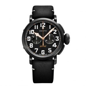 Zenith Pilot Type 20 Chronograph 45mm Blackened Steel Automatic Watch, black dial with white oversized numbers and contrast hands, on an oiled black leather strap, Model 11.2432.4069/21.C900. Brand New with box, papers and two year manufacturer warranty