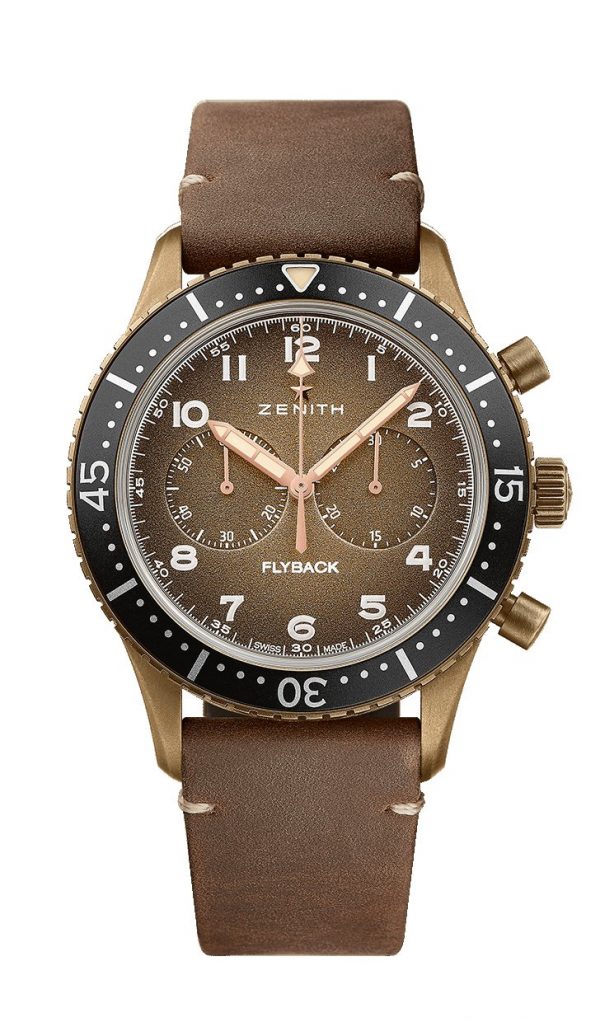 Zenith Pilot Cronometro Tipo CP-2 Flyback Watch, 43mm bronze case, brown dial, automatic El Primero column-wheel chronograph with flyback function. Model 29.2240.405/18.C801. Brand New with box, papers and two year manufacturer warranty