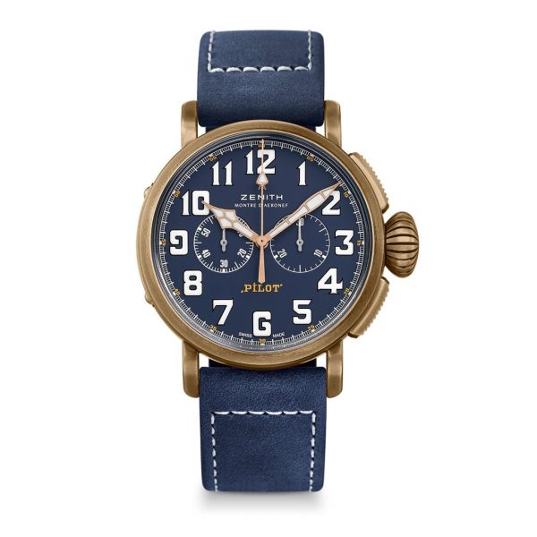 Zenith Pilot Type 20 Extra Special Chronograph in Bronze Case, model 29-2430-4069-57-c808, blue dial, automatic movement. Brand New with box, papers and two year manufacturer warranty