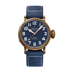 Zenith Pilot Type 20 Extra Special Automatic wristwatch, 45mm bronze case with blue dial featuring white Arabic numerals, blue leather strap. Brand New with box, papers and two year manufacturer warranty