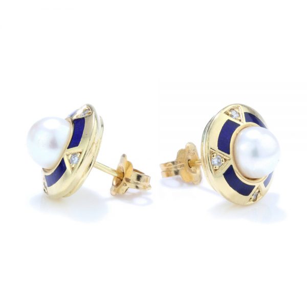 Faberge Limited Edition Pearl, Blue Enamel and Diamond Stud Earrings in 18ct yellow gold, Limited Edition Number 30/300. Circa 1990s / early 2000s