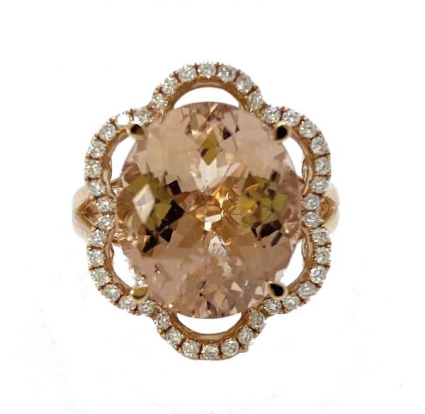 7.65ct Oval Morganite and Diamond Floral Cluster Dress Ring in 18ct Rose Gold; central 7.65 carat oval morganite within a 0.34ct diamond-set scalloped surround