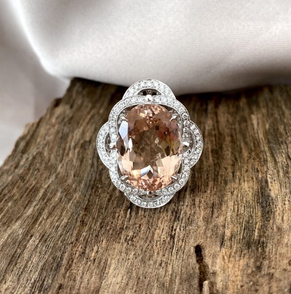 10.26ct Oval Cut Morganite and Diamond Cluster Dress Ring in 18ct White Gold