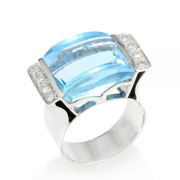 Vintage 8ct Natural Blue Topaz and Diamond Cocktail Ring in 18ct White Gold, Circa 1970s