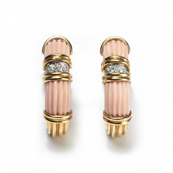 Vintage1970s Fluted Coral Diamond and Gold Hoop Earrings