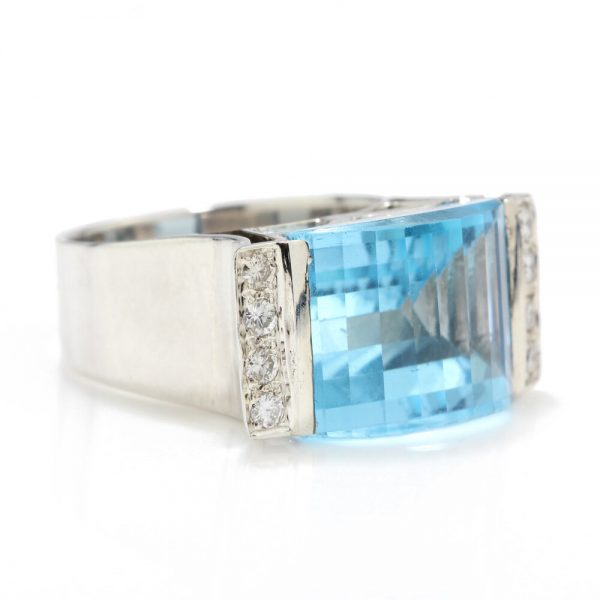 Vintage 8ct Natural Blue Topaz and Diamond Cocktail Ring in 18ct White Gold, Circa 1970s
