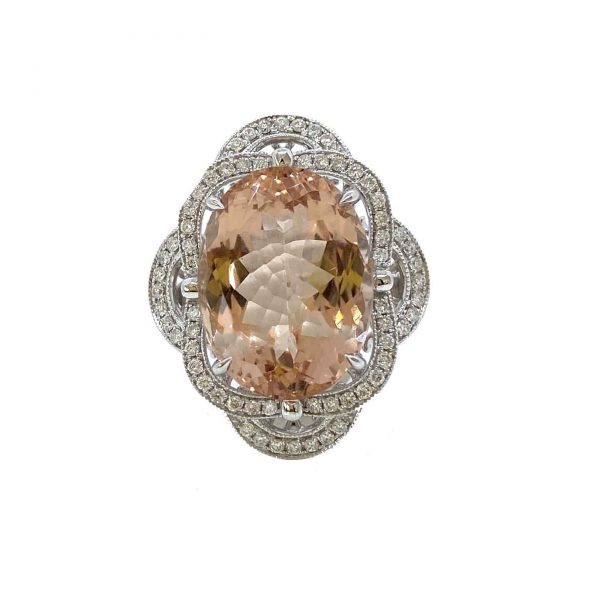 Oval Cut Morganite and Diamond Cluster Dress Ring, 10.26 carat oval-cut morganite with two overlapping 0.40ct diamond-set scalloped surrounds, in 18ct white gold