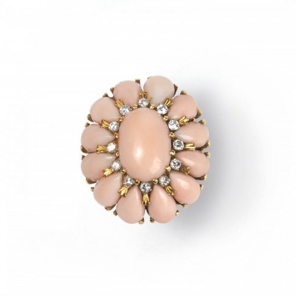 Vintage Coral and Diamond Cluster Ring; oval cabochon-cut coral surrounded by 0.36cts diamonds and pear-shaped corals, in 18ct yellow gold. Italian, Circa 1970