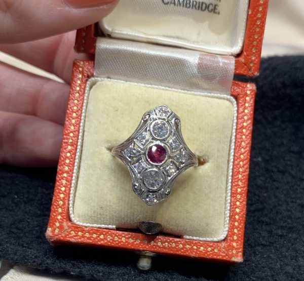 Antique Ruby and Diamond Plaque Dress Ring in Platinum