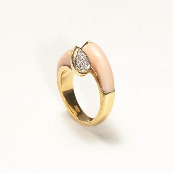Contemporary Italian Coral and Diamond Crossover Ring, 18ct Yellow Gold, Circa 1970s