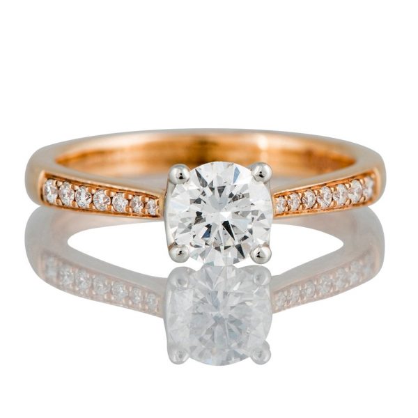 0.70ct Diamond Solitaire Ring with Diamond Shoulders in 18ct Rose Gold; Certified 0.70 carat E colour diamond with GIA certificate