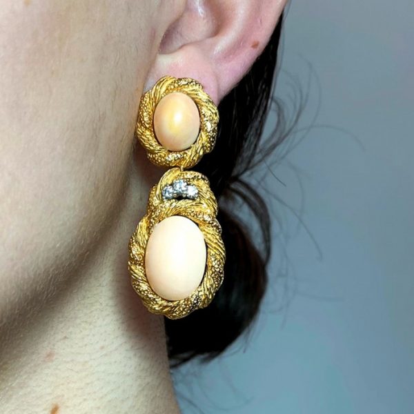 Vintage Coral, Diamond and Gold Drop Earrings, Circa 1970