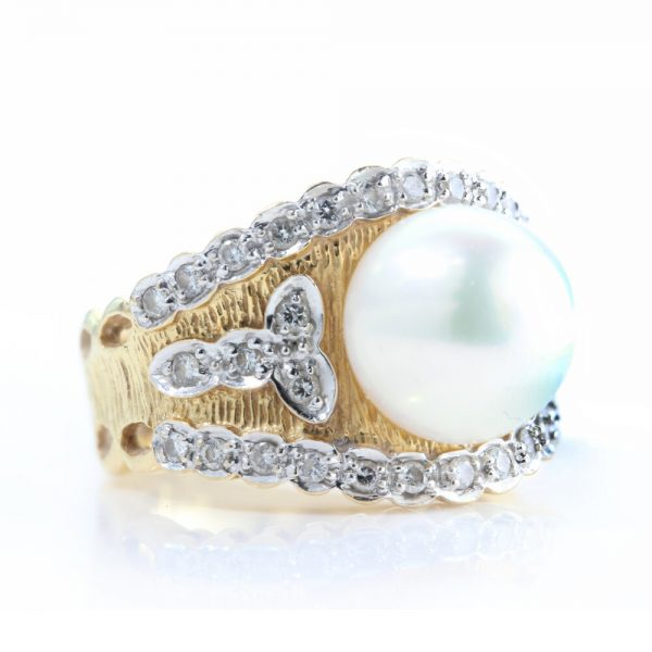 Vintage 1950s Pearl and Diamond Cocktail Dress Ring in 18ct Yellow Gold
