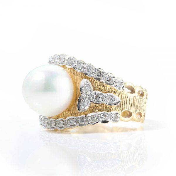 Vintage 1950s Pearl and Diamond Cocktail Dress Ring in 18ct Yellow Gold