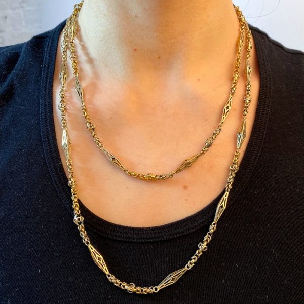 Antique Victorian Gold Fancy Link Long Chain Necklace, Circa 1875