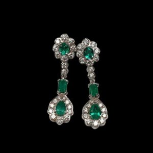 Emerald and Diamond Cluster Long Drop Earrings in 18ct White Gold; set with 2.20 carats mixed-cut emeralds and 1.88 carats brilliant-cut diamonds
