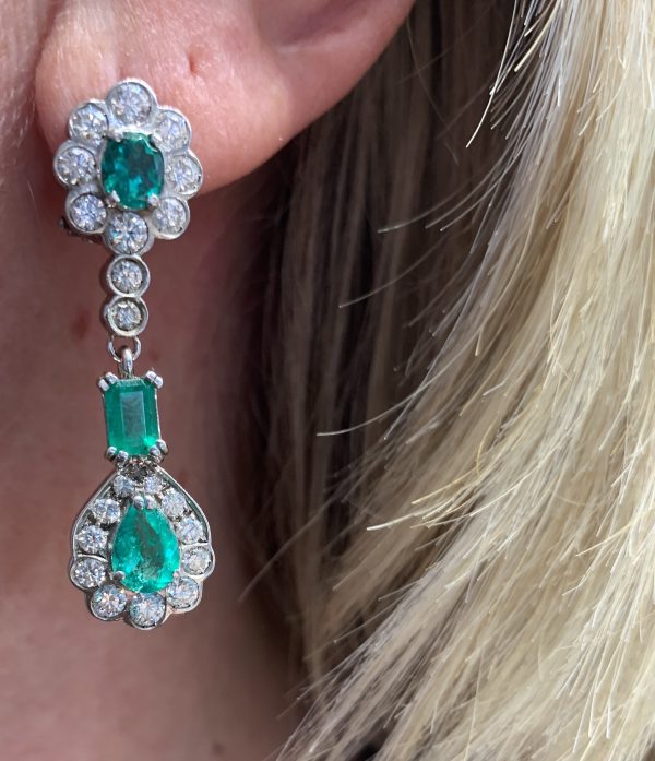 2.20ct Emerald and Diamond Cluster Long Drop Earrings