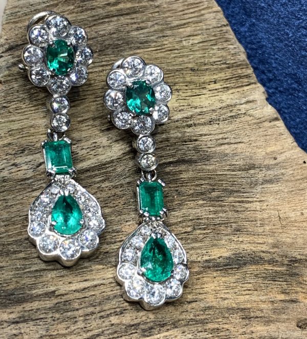 2.2ct Emerald and Diamond Cluster Drop Earrings