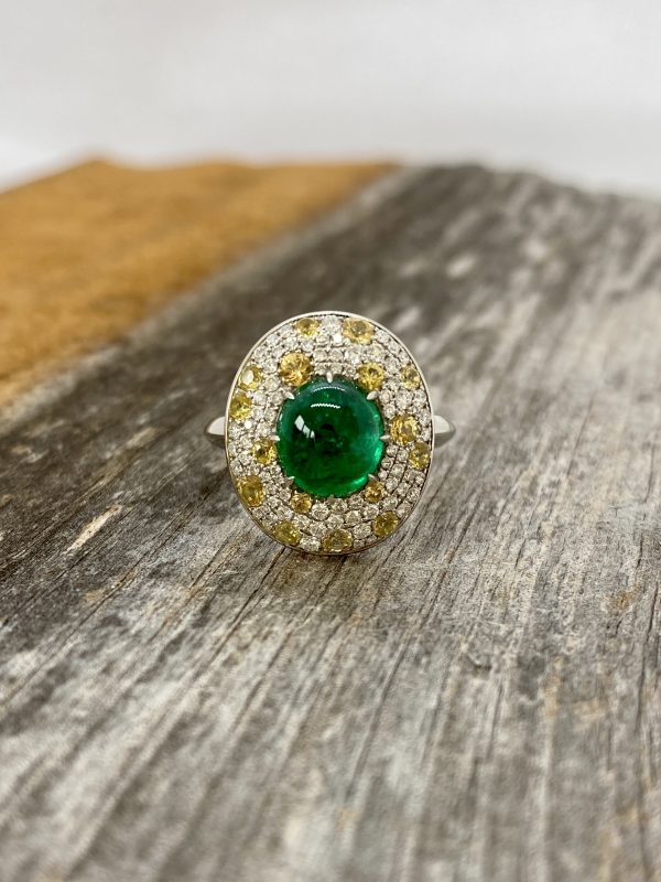 3.62ct Cabochon Emerald, Diamond and Yellow Sapphire Cluster Ring in Platinum