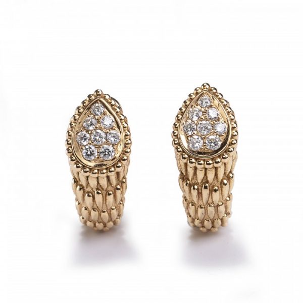 Boucheron Serpent Boheme Gold Earrings with Diamonds; pear-shaped sections pavé set with brilliant-cut diamonds, with scale-like detailing, Signed, Circa 2010