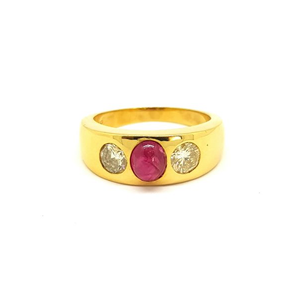 Cabochon Ruby and Diamond Gents Three Stone 18ct Yellow Gold Band Ring