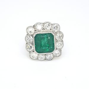 5.50ct Octagonal Cut Zambian Emerald and Diamond Floral Cluster Ring