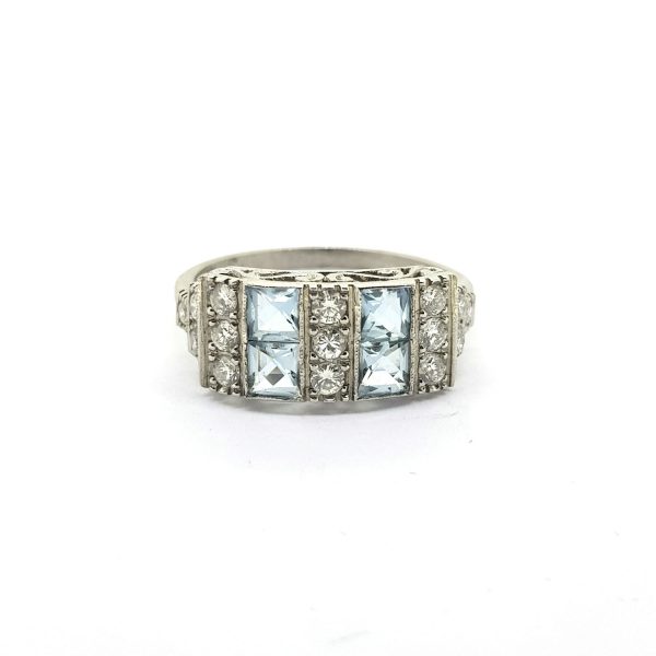 Art Deco Style Aquamarine and Diamond Dress Ring in Platinum