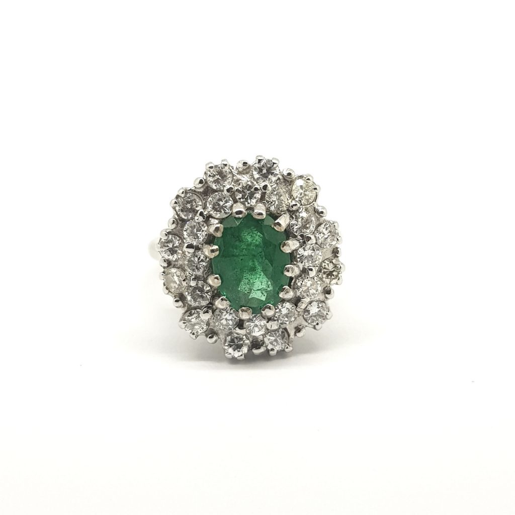 Emerald and Diamond Cluster Ring in 18ct White Gold
