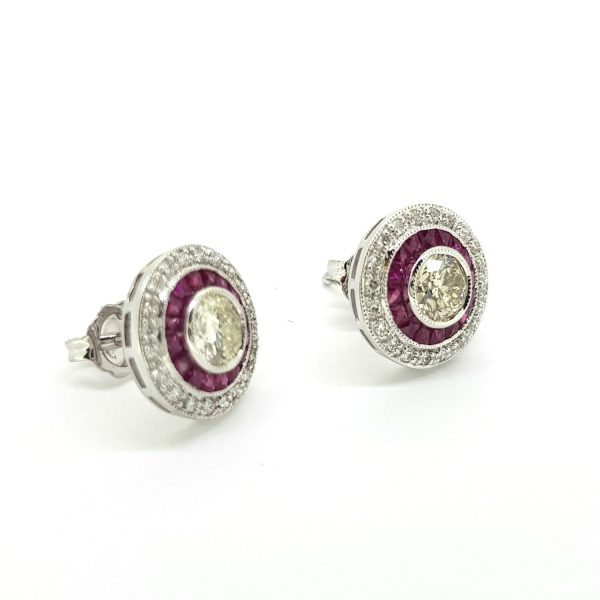 Ruby and Diamond Cluster Target Stud Earrings