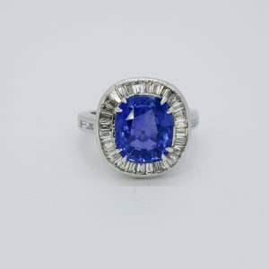 5.17ct Ceylon Sapphire and Baguette Diamond Cluster Ring in 18ct White Gold