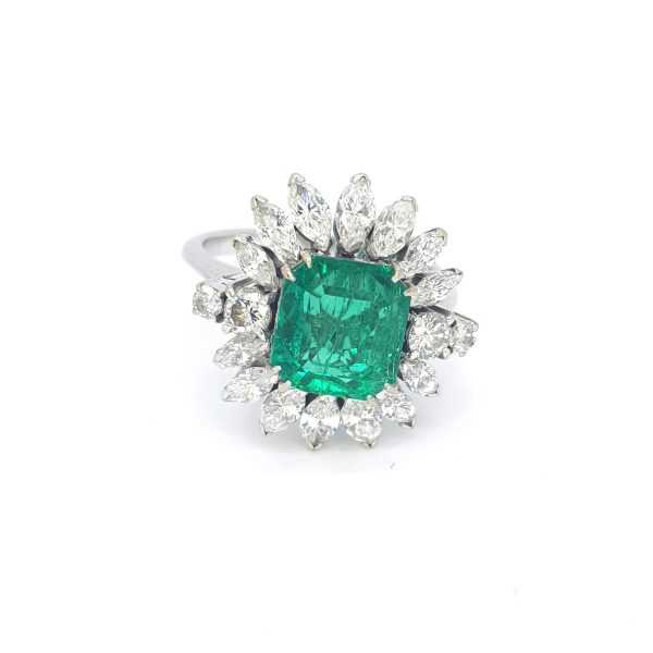 4ct Colombian Emerald and Marquise Diamond Floral Cluster Ring