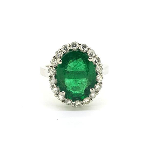 4.53ct Zambian Emerald and Diamond Oval Cluster Ring in Platinum