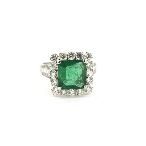 2.61ct Octagonal Cut Emerald and Diamond Cluster Ring