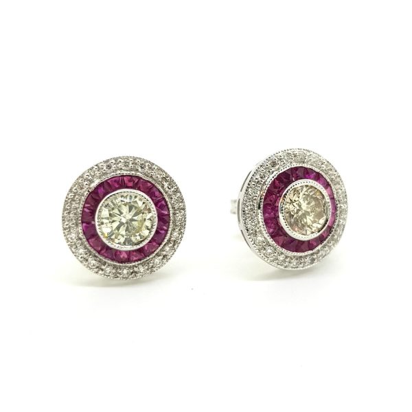 Ruby and Diamond Cluster Target Stud Earrings