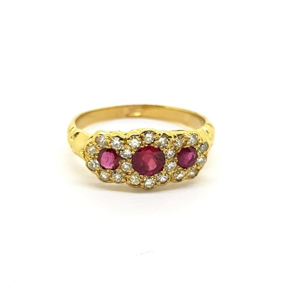 Ruby and Diamond Three Stone Cluster Ring in Yellow Gold