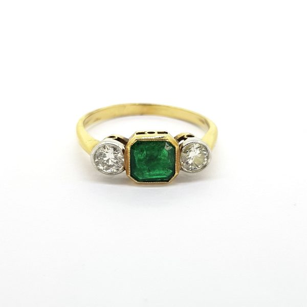 Contemporary Octagonal Cut Emerald and Diamond Three Stone Ring