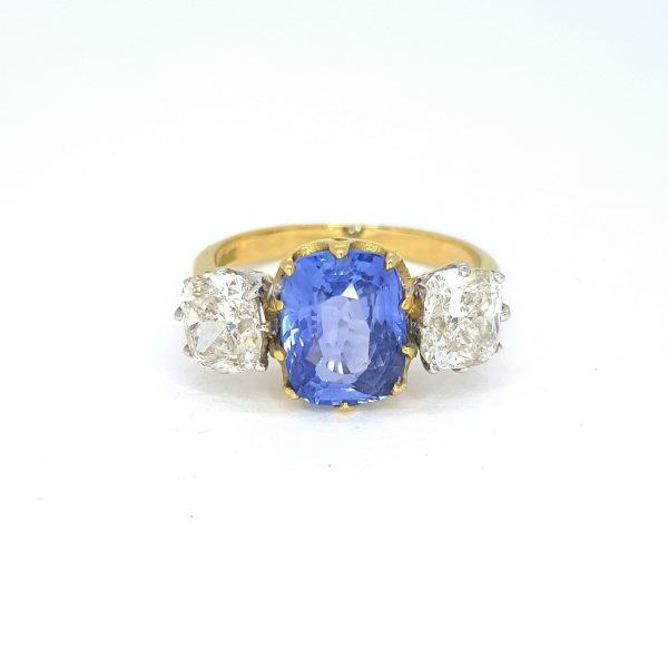 3.12ct Cushion Cut Sapphire and Diamond Three Stone Ring in 18ct Yellow Gold