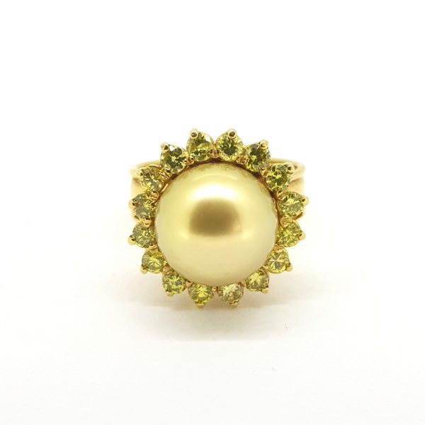 Golden South Sea Pearl and 2ct Fancy Yellow Diamond Cluster Cocktail Ring