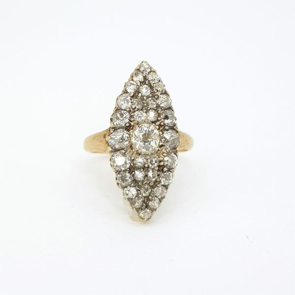 Antique Edwardian Old Cut Diamond Marquise Shaped Cluster Navette Ring, 2.00 carat total