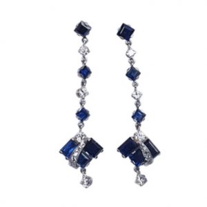 Vintage Geometric Sapphire and Diamond Drop Earrings; set with 4.5cts square and rectangular step-cut sapphires and 1.20cts diamonds, in 18ct white gold, Circa 1950s