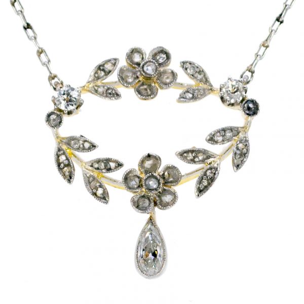 Antique Edwardian Floral Diamond Pendant Necklace