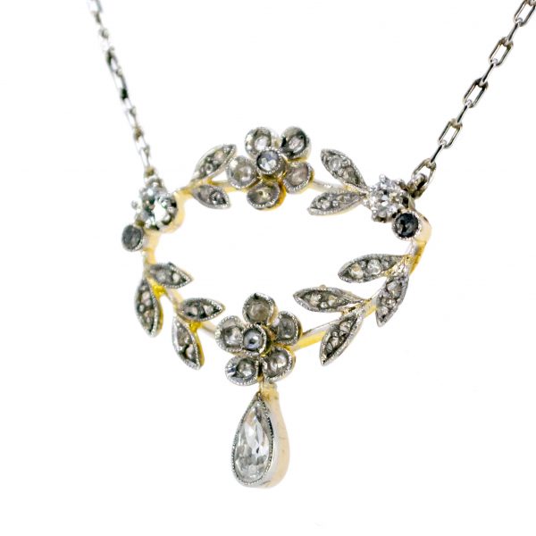 Antique Edwardian Floral Diamond Pendant Necklace